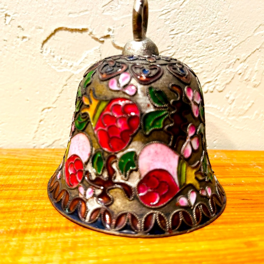 Vintage Silver Toned Metal Cloisonne Bell 3" H x 3" W